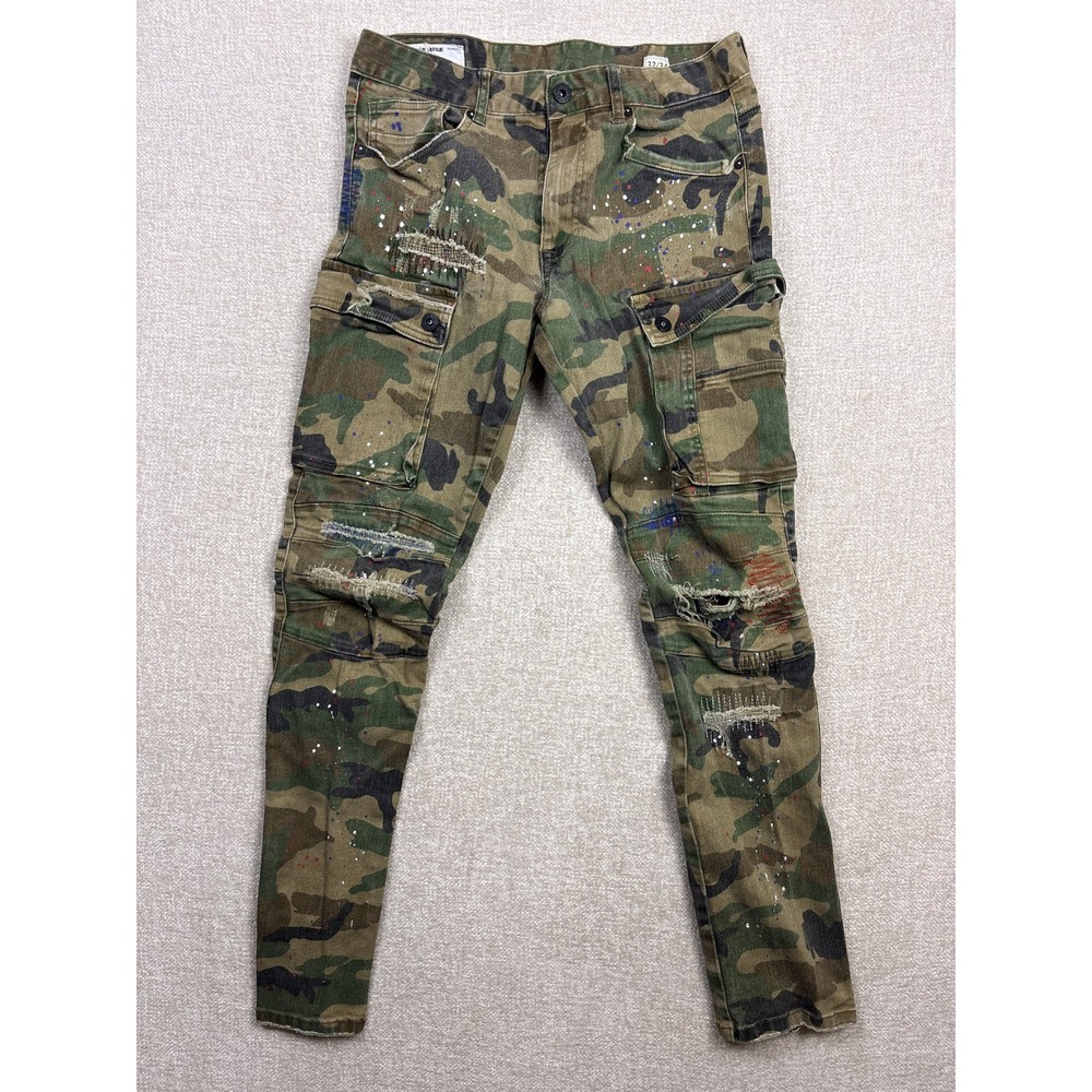Smoke Rise Mens Camo Distressed Paint Splatter Cargo Moto Pants 32x34 skinny